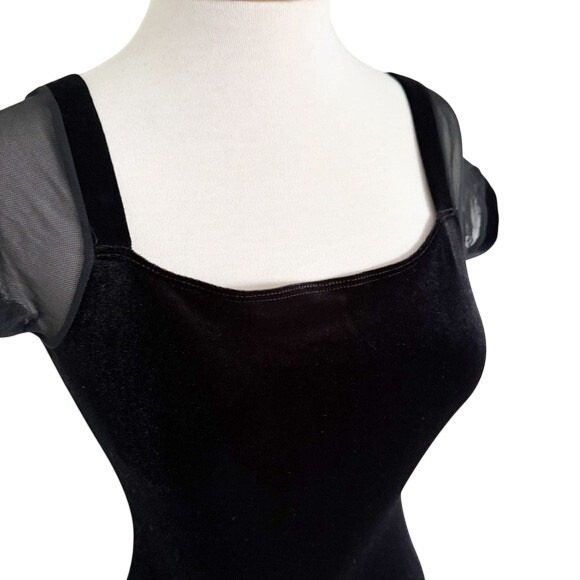 Necessary Objects Vintage Black Velvet Maxi Dress Mesh Cap Sleeve Square Neck M - Picture 2 of 9